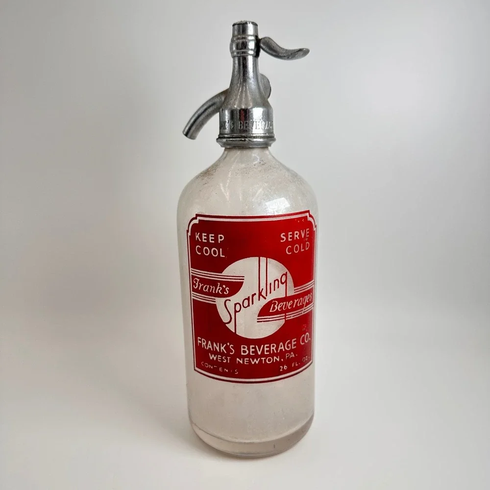 Frank's Beverage Co Seltzer Bottle Vintage 26oz Clear Red‎ Glass Soda Siphon PA